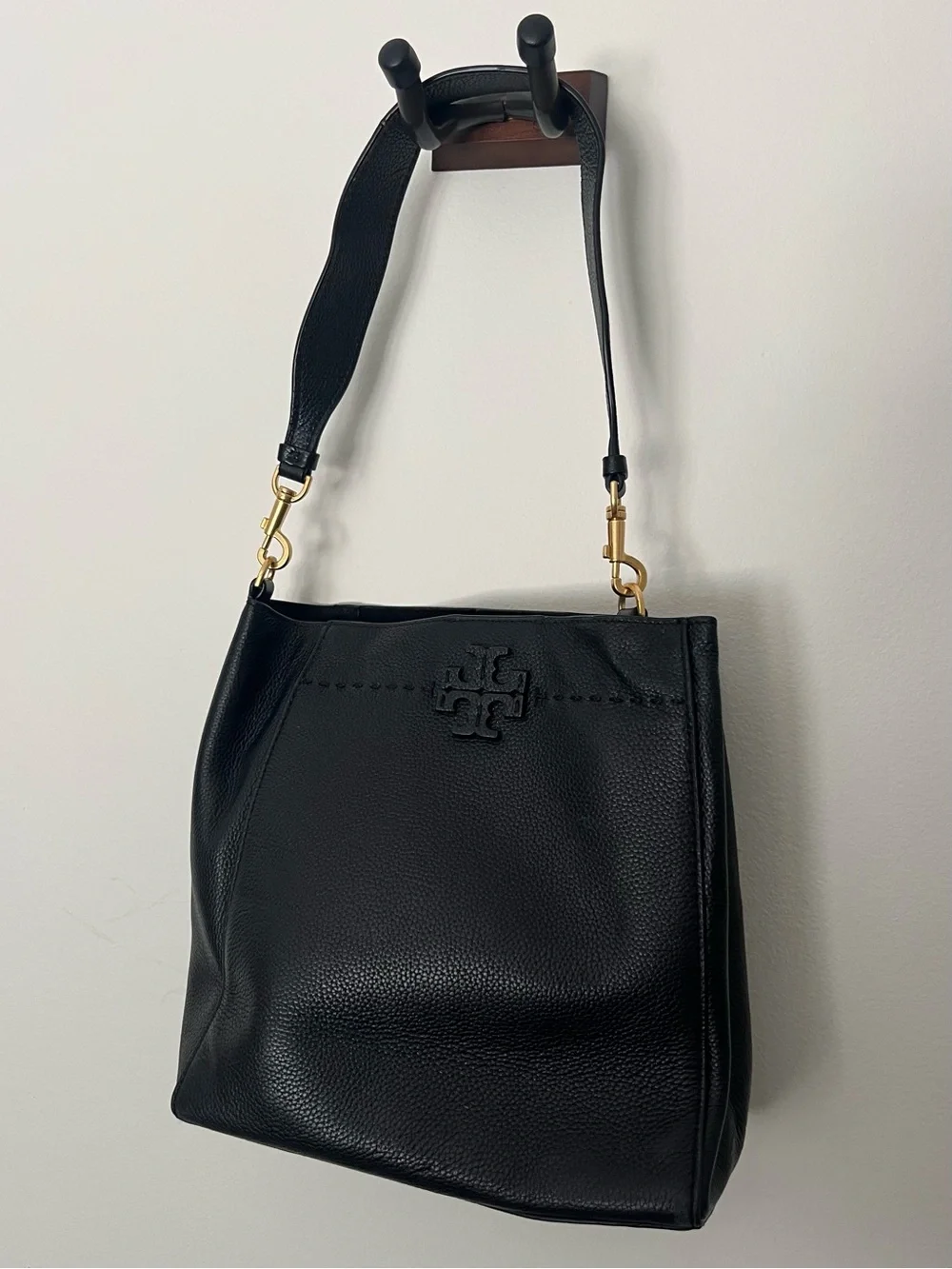 Tory Burch Black Pebbled Leather Shoulder Tote with Gold Hardware